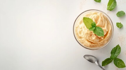 Delicious creamy dessert with mint garnish.