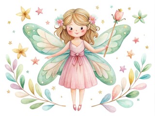 Fototapeta premium Delicate watercolor illustration of a whimsical fairy with wings and wands, surrounded by simple shapes and lines, perfect for DIY crafts and nursery decorations.