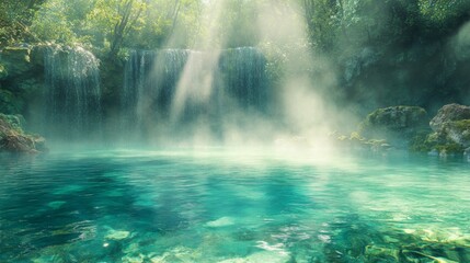 Tranquil Pool at the Base of a Mist-Shrouded Waterfall