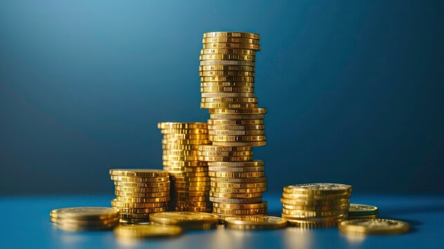 A row of gold coins stacked in ascending order on a blue background, representing financial growth and success.