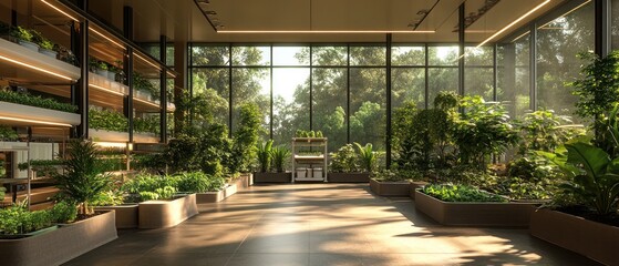 Fototapeta premium Modern Indoor Garden with Large Windows and Sunlit Floor