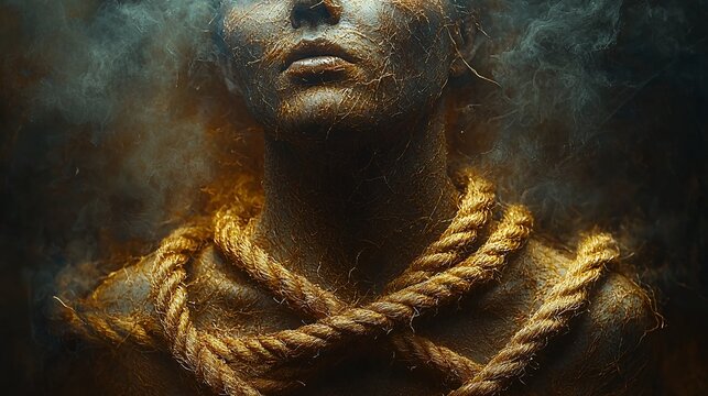 An abstract representation of a shoulder surrounded by tangled, knotted ropes, symbolizing the intense tension and discomfort of shoulder pain.