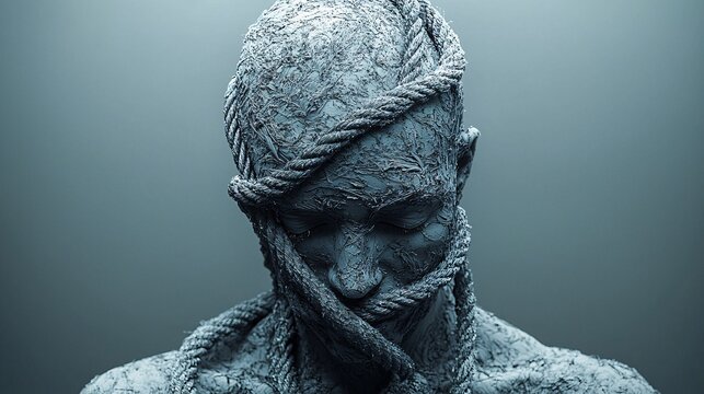 An abstract representation of a shoulder surrounded by tangled, knotted ropes, symbolizing the intense tension and discomfort of shoulder pain.