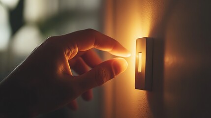 A hand reaches out to turn on a light switch, casting a warm glow on the wall.