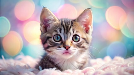 A tiny ball of fluff in a sea of gentle colors, the kitten's wide eyes sparkle and pink