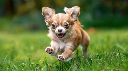 A small, brown and white chihuahua puppy runs towards the camera with its tongue sticking out and a happy expression on its face, while standing on a lush green lawn.