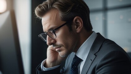 Close-up side view of focused businessman looking a computer