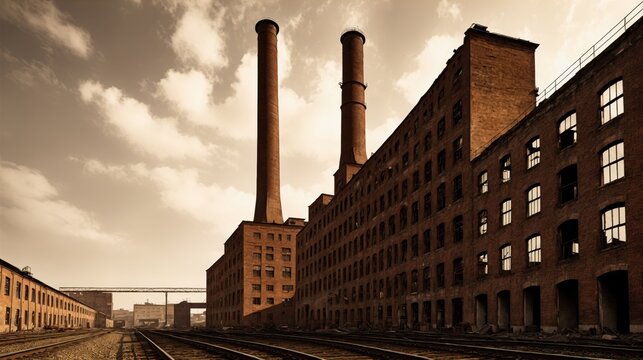 generative ai, Industrial brick factory building with tall chimneys and railway tracks in warm light