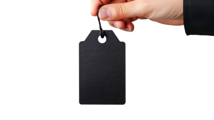 Close up of a hand pinches a blank black price tag on a transparent background for Black Friday or sale event.