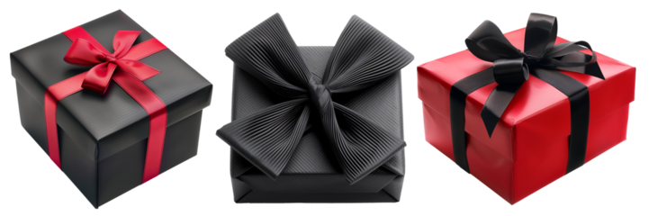 Set of isolated black and red gift boxes with black and red ribbon, closed box lid on a transparent background for Black Friday sales or celebration events. Front, top and isometric view.
