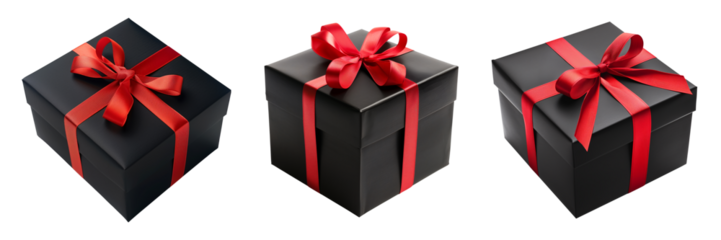 Set of isolated black gift boxes with red ribbon, closed box lid on a transparent background for Black Friday sales or celebration events. Isometric view.