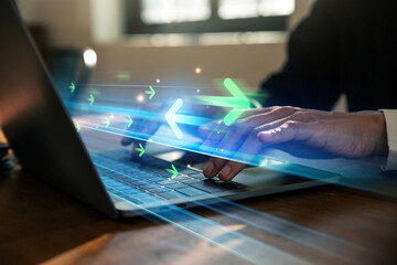 Growth business, Hand of young business using laptop with finance investment development, Research...