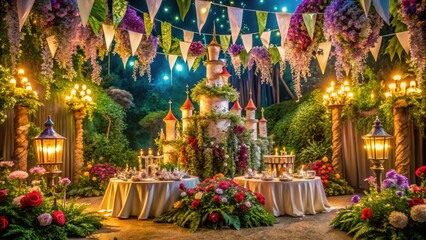 Fototapeta premium Fairytale-inspired magical kingdom centerpiece, sparkling with lights and flags, rises high amidst lush greenery, surrounded by vibrant flowers and whimsical charm.