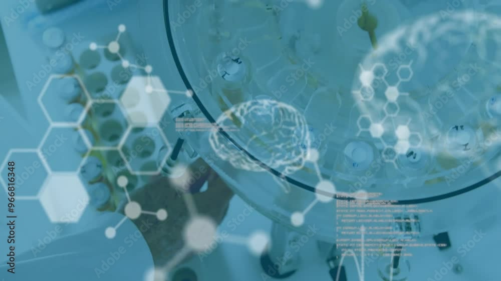 Wall mural animation of scientific data processing and human brains over scientist in laboratory