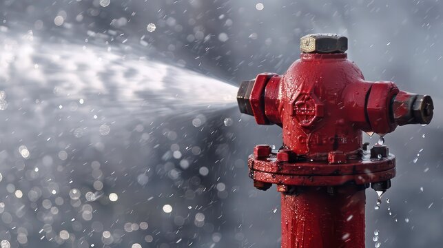 A red fire hydrant sprays water into the air, creating a misty cloud.