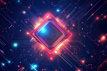 Obraz premium Brightly glowing AI chip on light circuit board on technology blue background. CPU processor or semiconductor on tech bg. Computer microchip on motherboard. with generative ai