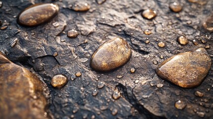 Closeup of Water Drops on a Rough, Dark Stone Surface