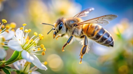 Honey bee flying to collect pollen and nectar