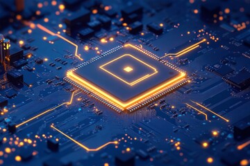 Brightly glowing AI chip on light circuit board on technology blue background. CPU processor or semiconductor on tech bg. Computer microchip on motherboard. with generative ai