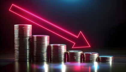 business concept falling Stacked gold coins with red arrows pointing down which is a symbol of a falling currency.