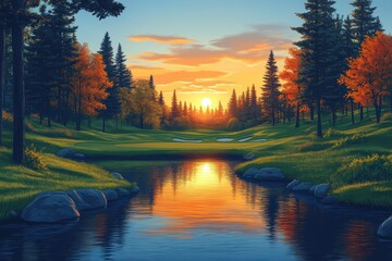Naklejka premium Sunrise on Golf Course, Minimalist Painting with Bold Colors and Simple Shapes