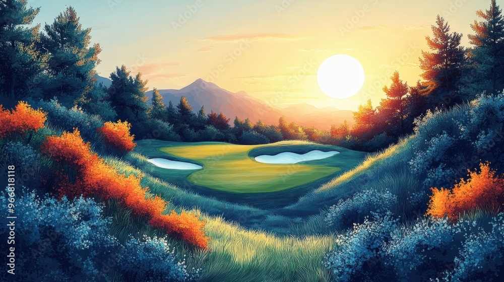 Wall mural sunrise on golf course, minimalist painting with bold colors and simple shapes