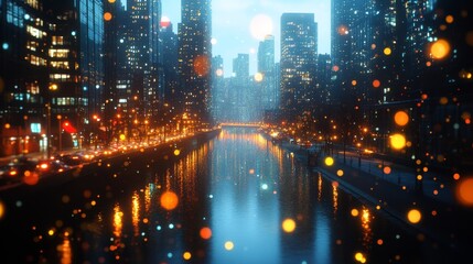 Fototapeta premium Cityscape with River and Bokeh Lights at Night
