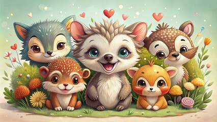 Obraz premium Cuddly critters overflowing with enthusiasm, their bright eyes sparkling with mischief, giggle, snuggle, and frolic,