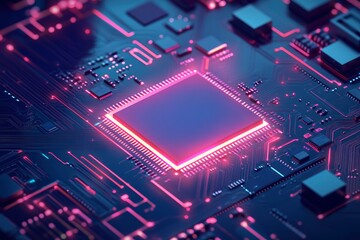 Brightly glowing AI chip on light circuit board on technology blue background. CPU processor or semiconductor on tech bg. Computer microchip on motherboard. with generative ai