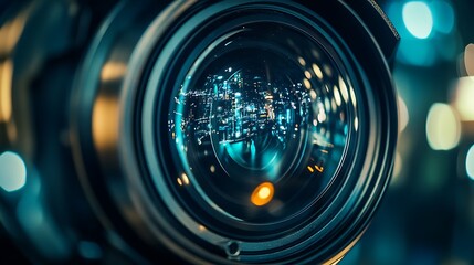 Camera Lens Reflecting Night City Lights.