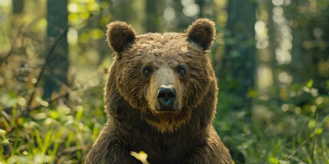Obraz premium Intrigued Brown Bear in the Woods Establishing Eye Contact with Observer