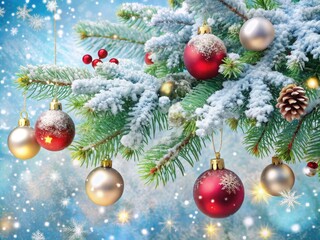 Frosted evergreen branches laden with snowflakes and festive ornaments adorn a serene winter wonderland backdrop, evoking a peaceful and magical holiday atmosphere.