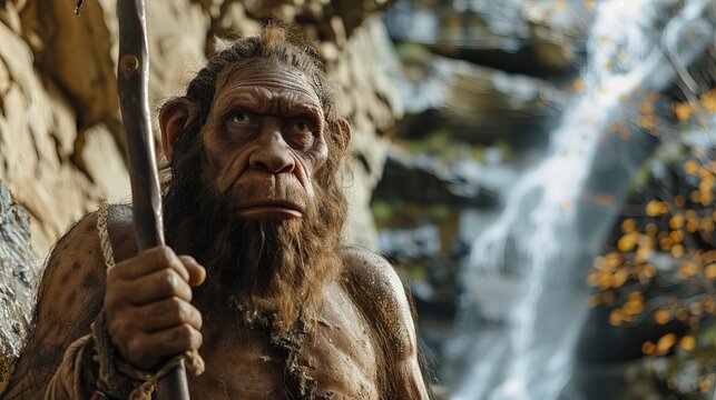 A Homo neanderthalensis, armed with a wooden club, demonstrates the tenacity of our ancient ancestors