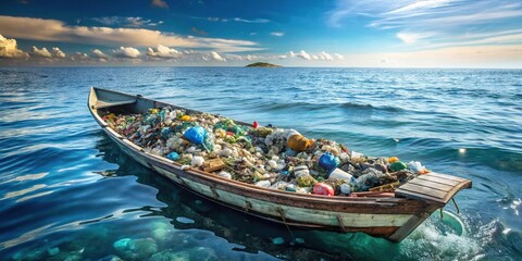 Fototapeta premium Polluted ocean with boat full of garbage reflected