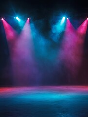 Empty stage with colorful spotlights. Scene lighting effects - ai