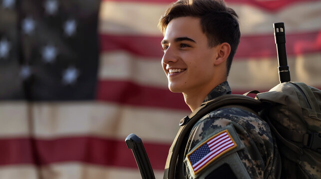 Portrait of a smiling young man in a US military uniform with a backpack - Powered by Adobe