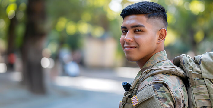 Portrait of a smiling young man in a US military uniform with a backpack