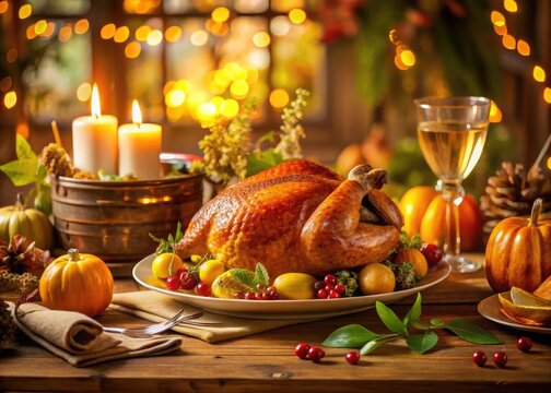 Golden-lit autumnal table setting with roasted turkey, seasonal vegetables, and classic decor, capturing the warmth and coziness of a traditional Canadian Thanksgiving celebration.