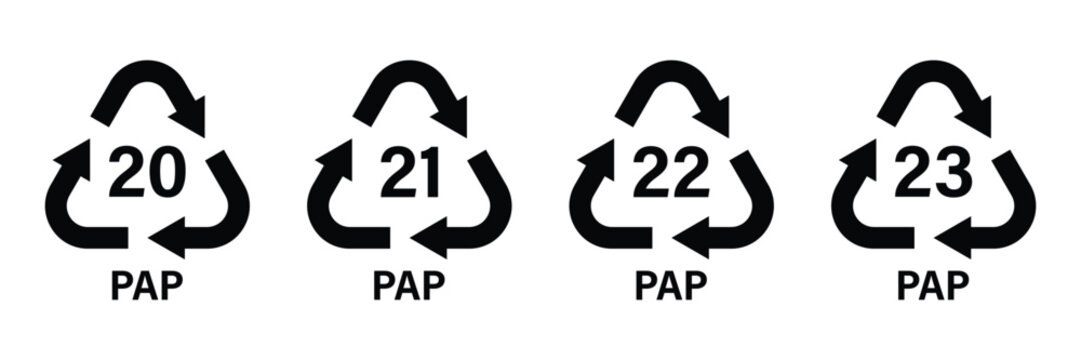 Paper recycling codes vector icon set. Paper cardboard boxes recycling codes PAP 20, 21, 22, 23 for industrial and factory uses.
