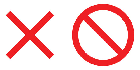 Cross and stop mark icon set. Crossed and forbidden sign. Restrict entry ban prohibition and delete symbol. Vector illustration.
