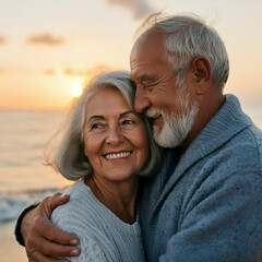 An elderly couple shares an embrace on the beach.