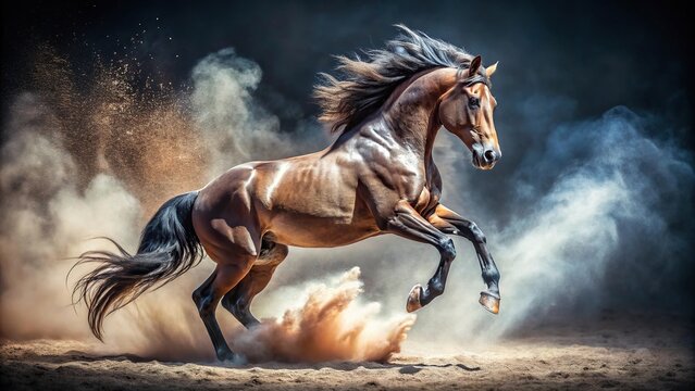 Powerful stallion performing levade in freedom