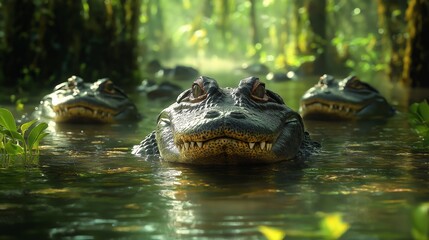 Obraz premium Alligator emerging from the water in a swamp with sunlight filtering through the trees, close-up wildlife scene in a tropical jungle