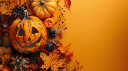 A pumpkin is the central focus with a festive autumn theme.
