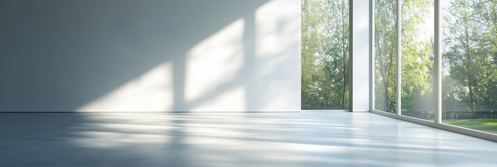 Minimalist modern empty room with sunlight streaming through large windows casting shadows on the floor. Bright, spacious, and clean interior design concept featuring natural light and window projecti