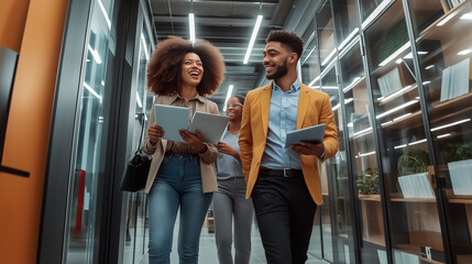 young businesspeople walking in the office corridor with files in hand