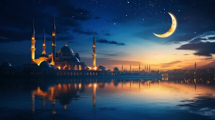 Naklejka premium closeup Mosque and crescent moon on dark blue sky, reflection on water. Ramadan concept,. dramatic view with generative ai