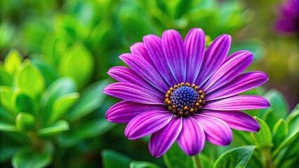 Fototapeta premium Purple daisy flower at eye level in garden with green leaves background