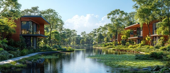 Modern Wooden Homes Flanked by Lush Greenery and a Serene Pond