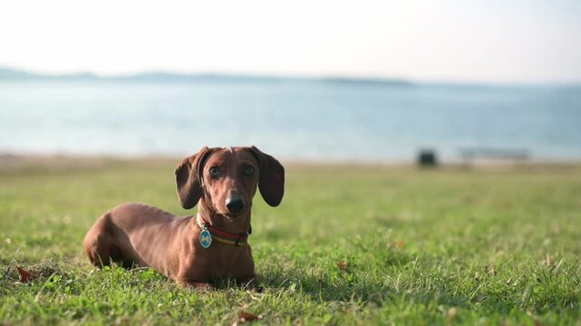 A small dachshund lies calmly on the grass near the water on a clear, sunny day. Peaceful outdoor scene in a park by the lake or sea. High quality 4k footage